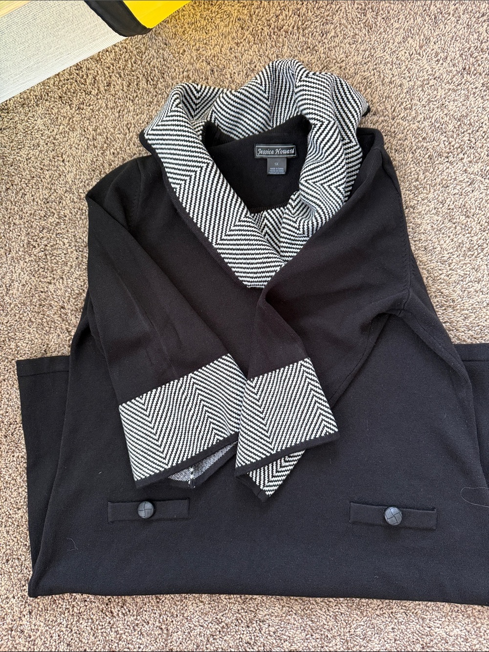 Jessica Howard Black Sweater Dress  with Black-and-White Chevron Trim
